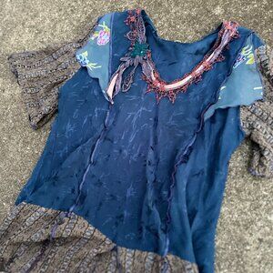 Vintage Y2K Spencer Alexis Unique blue patchwork top with floral embroidery - 16